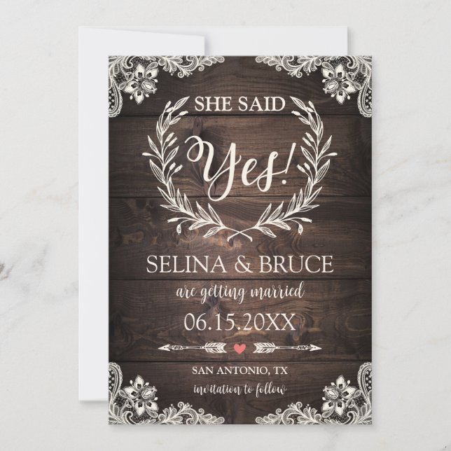 Tarjeta de aviso de fecha de boda de madera rústic (Anverso)