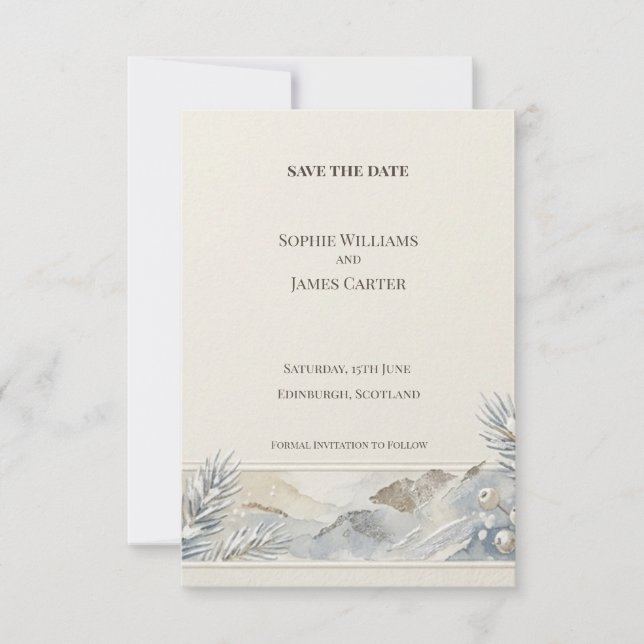 Tarjeta de aviso de fecha de boda de montaña coste (Anverso)