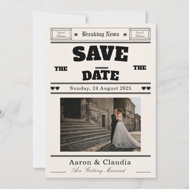Tarjeta de aviso de fecha de boda de periódico vin (Reverso)