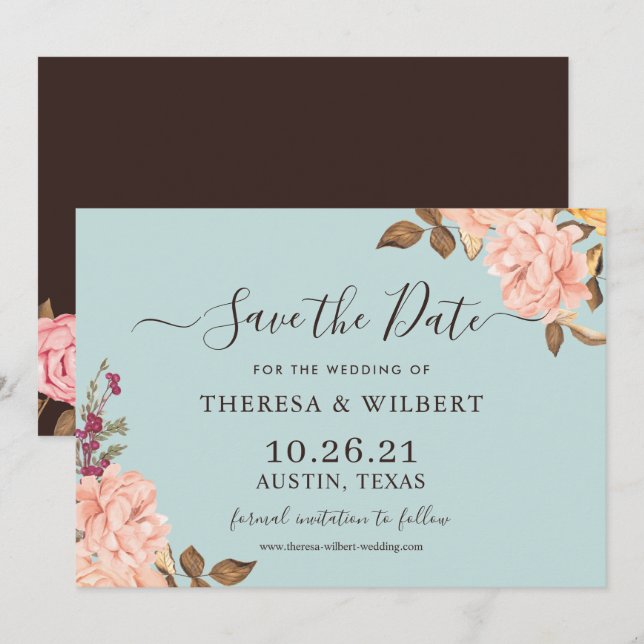 Tarjeta de aviso de fecha de boda Dusty Aqua Blush (Anverso / Reverso)