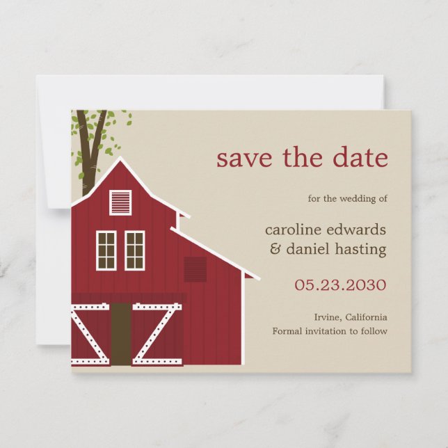 Tarjeta de aviso de fecha de boda en granero rústi (Anverso)