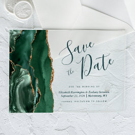 Tarjeta de aviso de fecha de boda en oro esmeralda