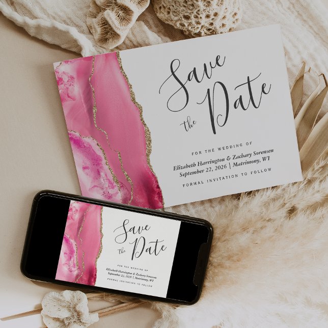 Tarjeta de aviso de fecha de boda en oro rosa y ág (Subido por el creador)