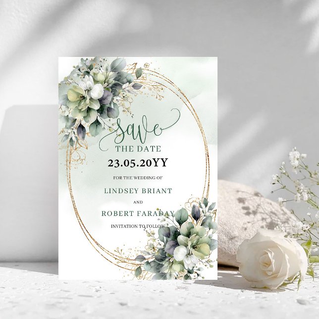 Tarjeta de aviso de fecha de boda en verde salvia  (Natural Sage Green Botanical Save The Date Card)