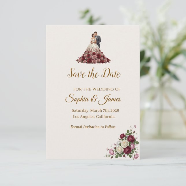 Tarjeta de aviso de fecha de boda floral borgoña m (Anverso de pie)