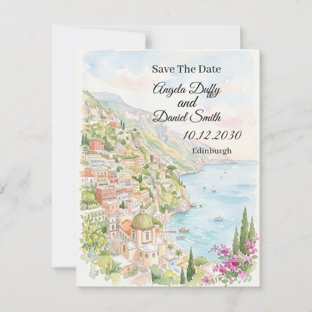 Tarjeta de aviso de fecha de boda floral costera a (Anverso)