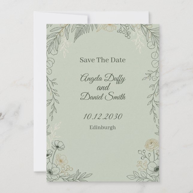Tarjeta de aviso de fecha de boda floral de arte d (Anverso)