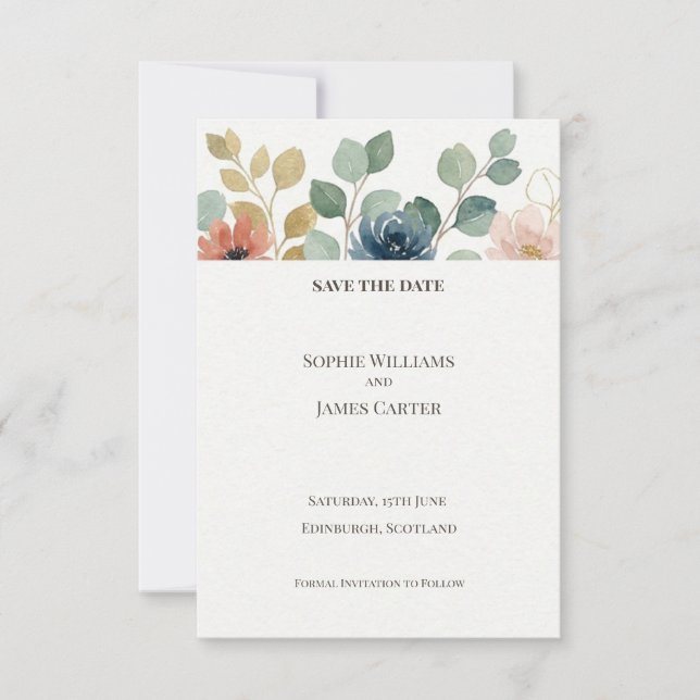Tarjeta de aviso de fecha de boda floral de eucali (Anverso)
