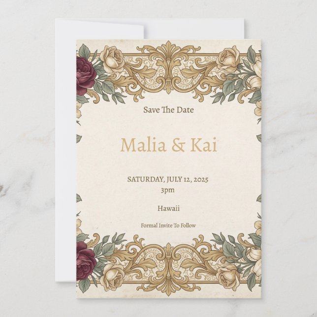 Tarjeta de aviso de fecha de boda floral dorada de (Anverso)