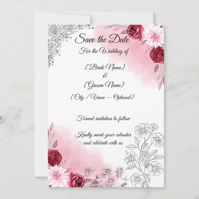 Tarjeta de aviso de fecha de boda floral rosa | Ro (Anverso)
