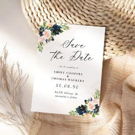 Tarjeta de aviso de fecha de boda floral rosa y az
