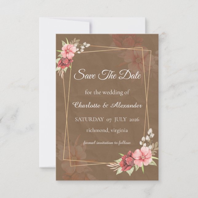 Tarjeta de aviso de fecha de boda floral rústica c (Anverso)
