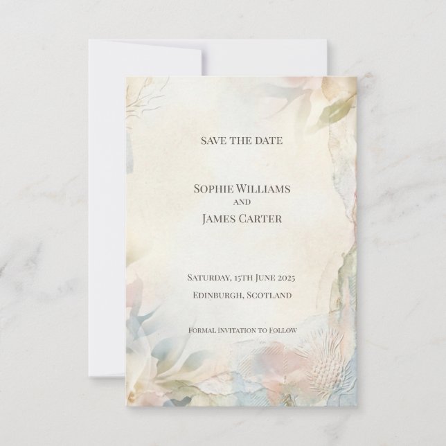 Tarjeta de aviso de fecha de boda floral Scottish  (Anverso)