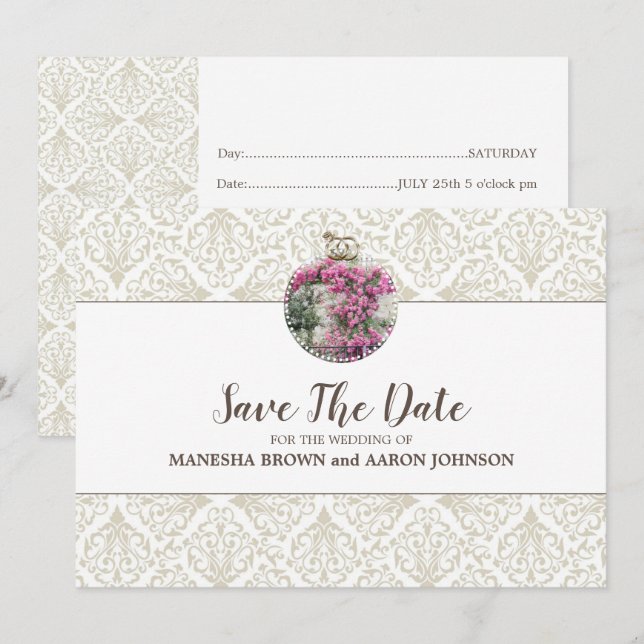Tarjeta de aviso de fecha de boda plana con flores (Anverso / Reverso)