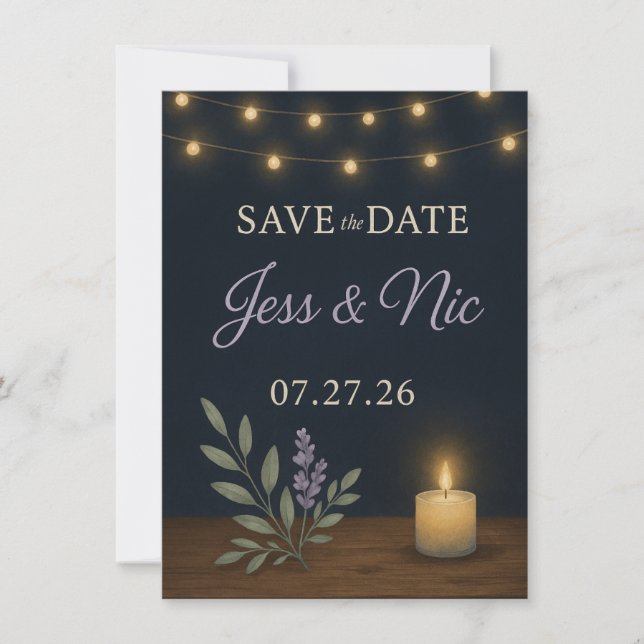 Tarjeta de aviso de fecha de boda Rustic Night Glo (Anverso)