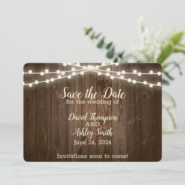 Tarjeta de aviso de fecha de boda rústica (Anverso de pie)