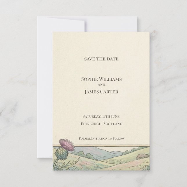Tarjeta de aviso de fecha de bodas con paisaje de  (Anverso)