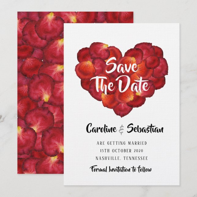 Tarjeta de Aviso de Fecha de Bodas con Pétalos de  (Anverso / Reverso)