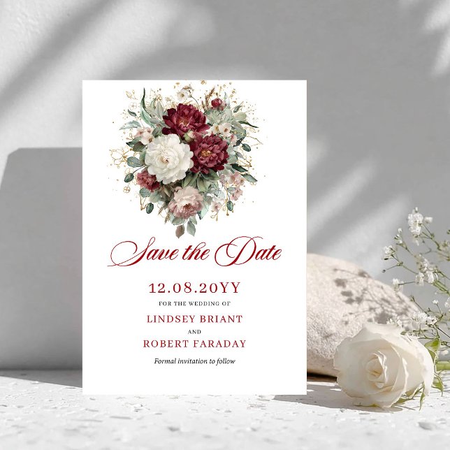 Tarjeta de aviso de fecha de bodas con tonos flora (Floral Blush Burgundy Gold Save The Date Card)