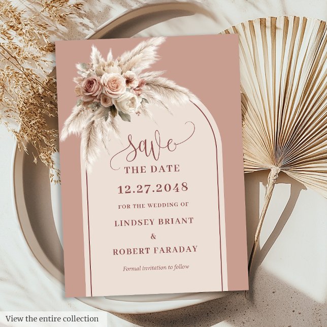 Tarjeta de aviso de fecha de bohemio Dusty Pink Fl (Bohemian Dusty Pink Floral Arch Save the Date Card)