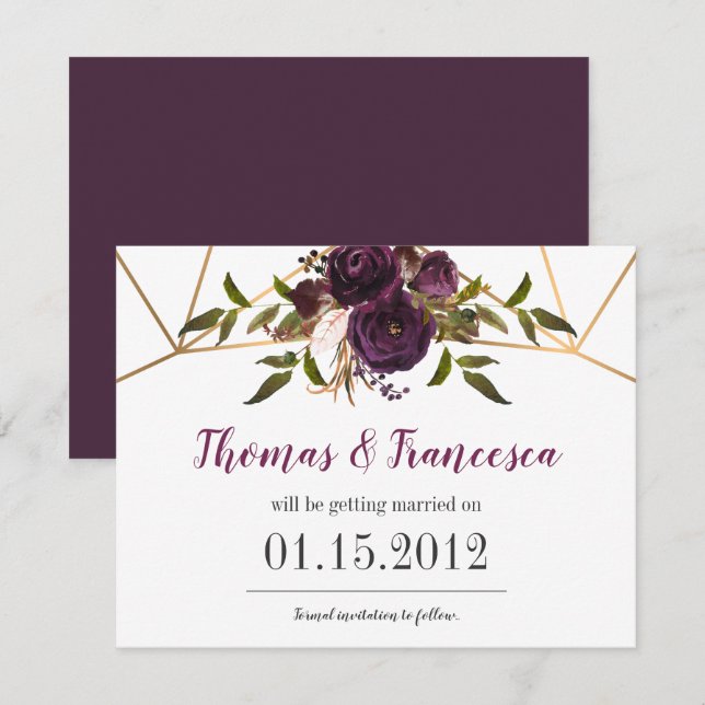 Tarjeta de aviso de fecha de ciruela floral dorada (Anverso / Reverso)
