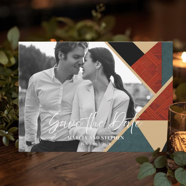 Tarjeta de aviso de fecha de estilo Art Deco geomé (Geometric Theme Save The Date Photo Card)