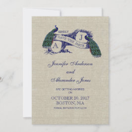 Tarjeta de aviso de fecha de lino azul pavo real