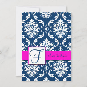 Tarjeta de aviso de fecha de Magenta Damask Azul