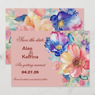 Tarjeta de aviso de fecha de neón coral rosa flora