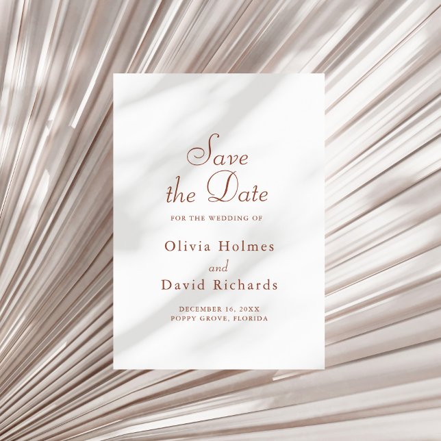 Tarjeta de aviso de fecha de terracota blanca mini (Terracotta White Minimalist Save the Date Card on a sunny white dry palm leaf.)