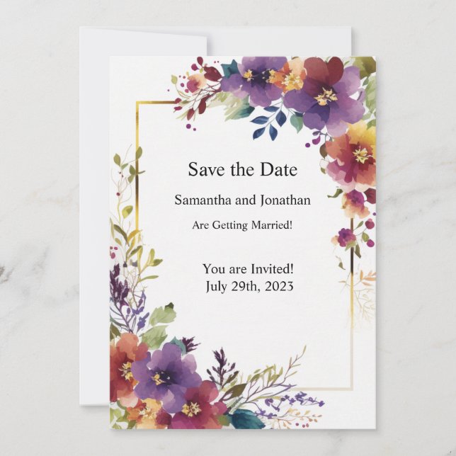 Tarjeta de aviso de fecha elegante con flores de a (Anverso)