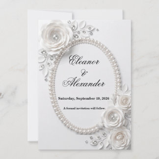 Tarjeta de aviso de fecha elegante con perlas y fl
