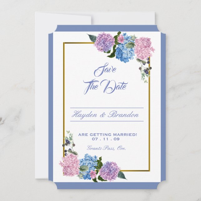 Tarjeta de aviso de fecha elegante de hortensia (Anverso)