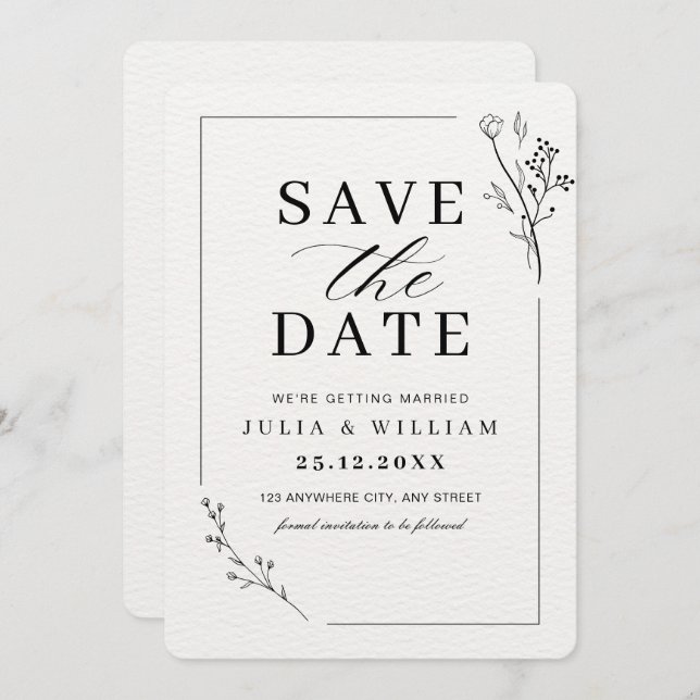 Tarjeta de aviso de fecha minimalista, boda modern (Anverso / Reverso)