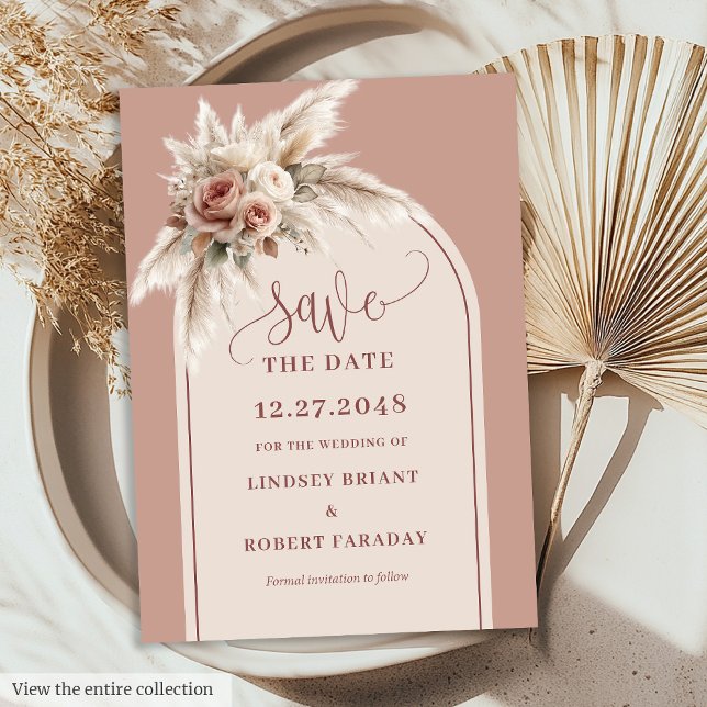 Tarjeta de aviso de fecha moderna de hierba Pampas (Modern Dusty Pink Pampas Grass Save the Date Card)