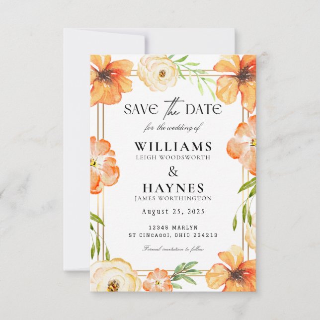 Tarjeta de aviso de fecha naranja floral (Anverso)