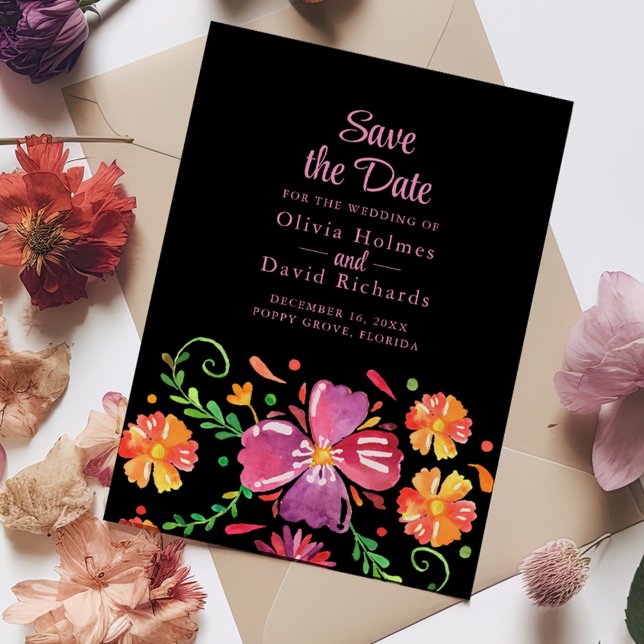 Tarjeta de aviso de fecha para guardar Fiesta Flor (Colorful Mexican Floral Fiesta Save the Date Card on a table full with colorful flowers.)