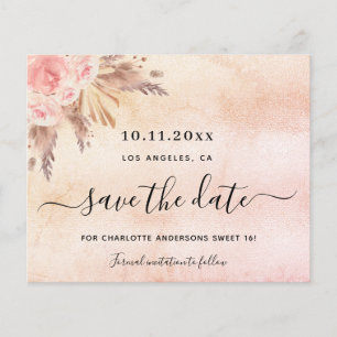Tarjeta de aviso de fecha para Sweet 16 con pampas