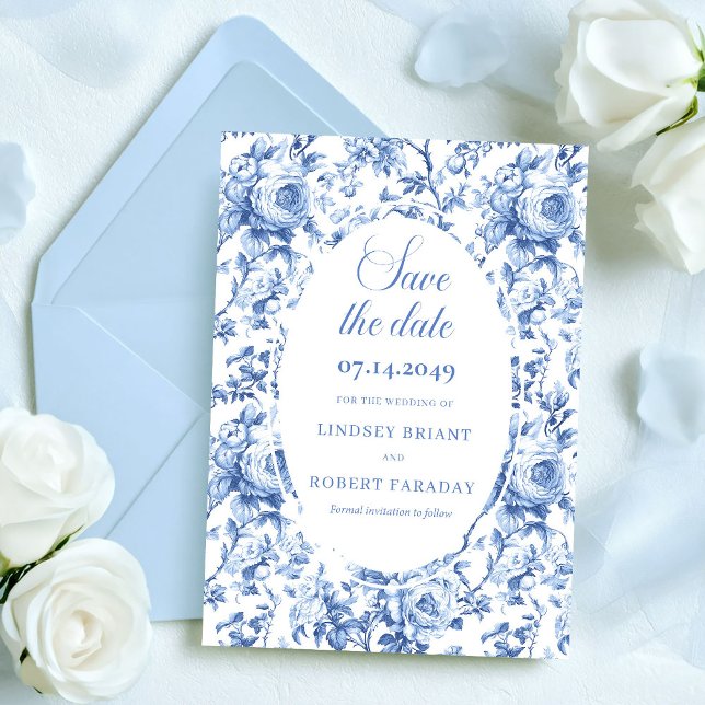 Tarjeta de aviso de fecha sofisticada con rosas az (Sophisticated Blue Roses Floral Save the Date Card)