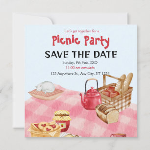 Tarjeta de aviso de fiesta de picnic floral azul y