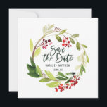 Tarjeta de aviso de invierno con follaje<br><div class="desc">Tarjeta de aviso de boda con follaje rojo y verde pintada a la acuarela. Con hermoso texto de letra moderna y acuarelas de moda. Parte de una colección.</div>