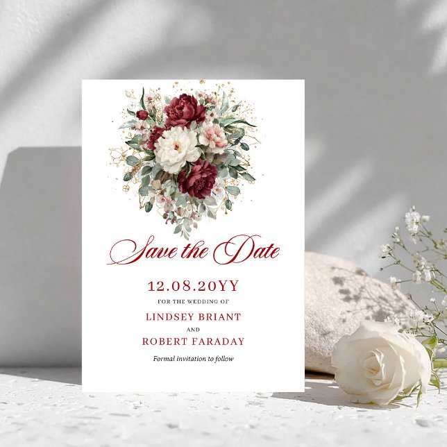 Tarjeta de aviso de lujo Rosa Borgoña Dorado (Luxe Blush Burgundy Gold Save The Date Card)