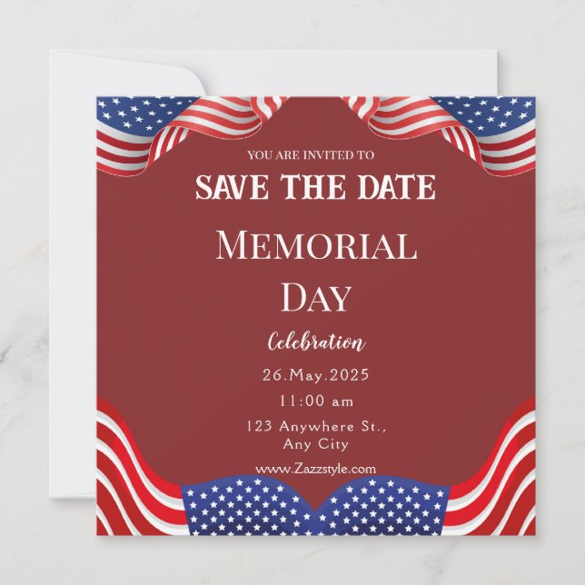 Tarjeta de aviso de Memorial Day Roja Blanca (Anverso)