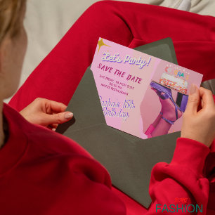 Tarjeta de aviso de Quinceañera B rosa y morada