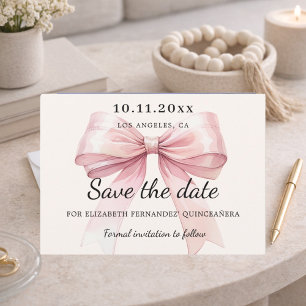 Tarjeta de aviso de Quinceañera con lazo rosa crem