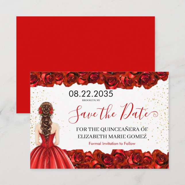 Tarjeta de aviso de Quinceañera con Rosa Roja (Anverso / Reverso)