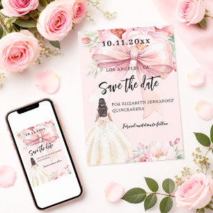 Tarjeta de aviso de Quinceañera con vestido y lazo