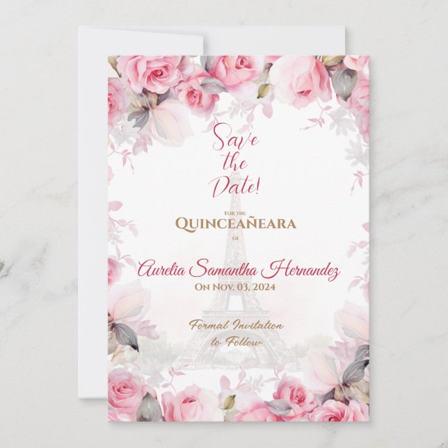 Tarjeta de aviso de Quinceañera de rosas florales  (Anverso)