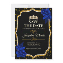 Tarjeta de aviso de Quinceañera en azul real y oro