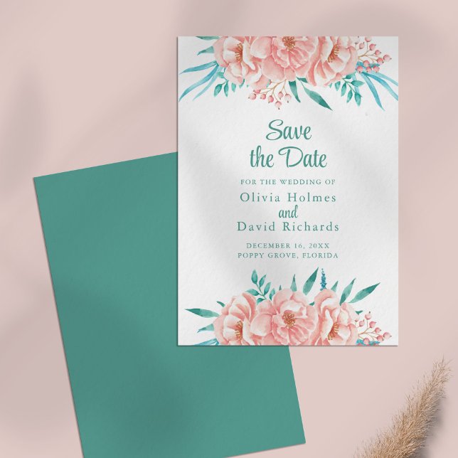 Tarjeta de aviso de salvación de melocotón y turqu (Peach and Turquoise Save the Date Card on a pale pink table.)
